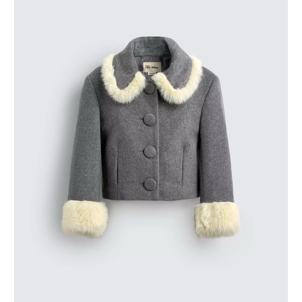 Harry Lambert X Disney Zara Gray and Cream Faux Fur Trimmed Coat